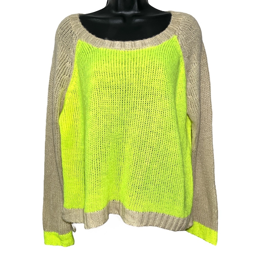 TOBI Neon Yellow & Tan Cropped Knitted Sweater